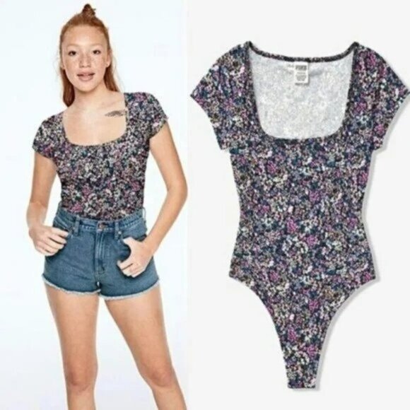 PINK Victoria's Secret Black Ditsy Floral Square Neck Bodysuit - Picture 1 of 7